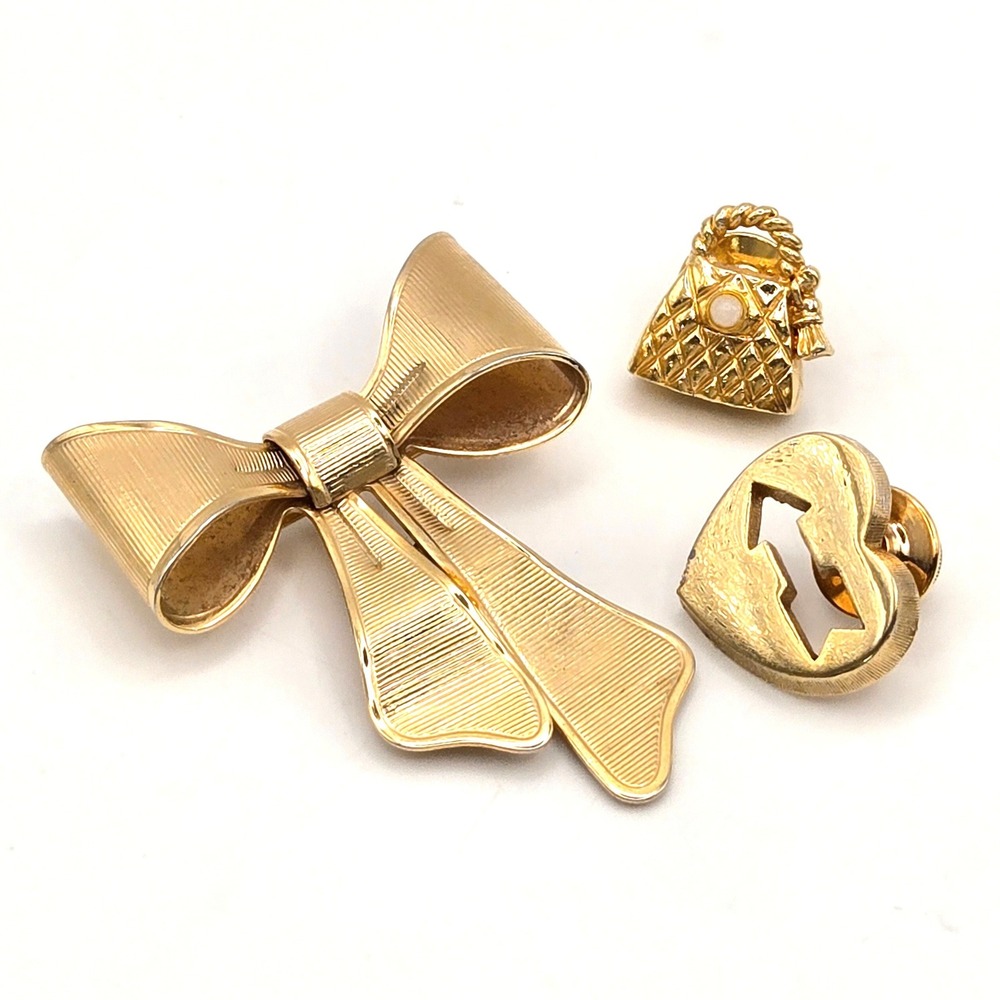 Vintage Avon Brooch Pin‎ Set Gold Tone 1980 Bow Heart Handbag 3 Piece Lot